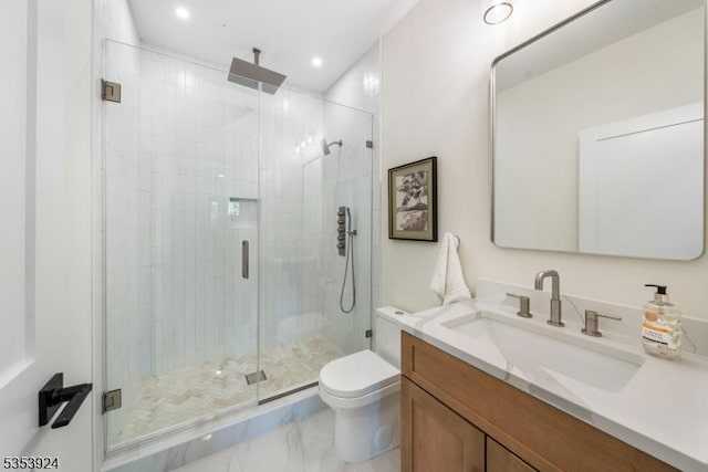 519 Lenox Ave, Westfield Town, NJ 07090 - bathroom with vanity, toilet, a stall shower, marble look tiles, and recessed lighting