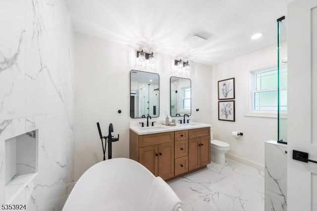 519 Lenox Ave, Westfield Town, NJ 07090 - full bathroom featuring a freestanding bath, double vanity, plenty of natural light, and marble finish floors