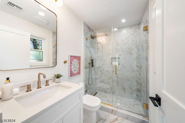 519 Lenox Ave, Westfield Town, NJ 07090 - bathroom featuring toilet, marble look tile flooring, recessed lighting, a marble finish shower, and vanity