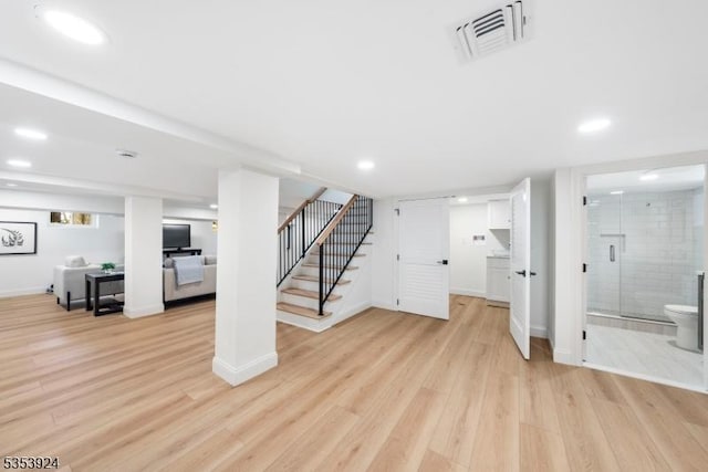 519 Lenox Ave, Westfield Town, NJ 07090 - finished below grade area featuring stairway, light wood-style flooring, baseboards, and recessed lighting