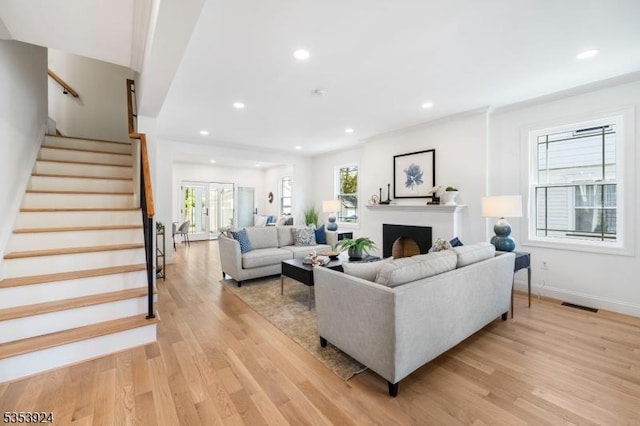 519 Lenox Ave, Westfield Town, NJ 07090 - living room featuring light wood-type flooring, stairs, recessed lighting, baseboards, and a fireplace