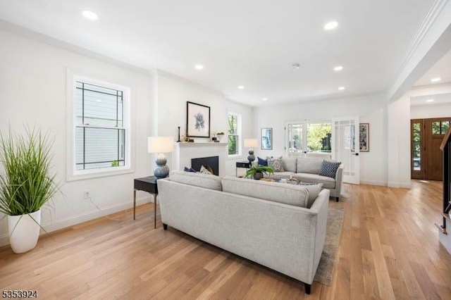 519 Lenox Ave, Westfield Town, NJ 07090 - living room featuring light wood finished floors, baseboards, ornamental molding, healthy amount of natural light, and recessed lighting
