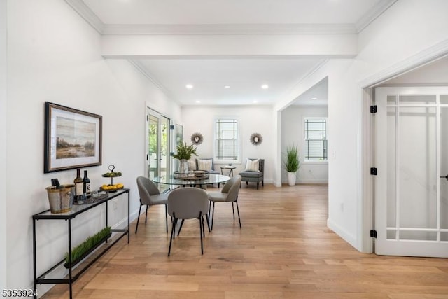 519 Lenox Ave, Westfield Town, NJ 07090 - dining space featuring healthy amount of natural light, light wood finished floors, baseboards, recessed lighting, and ornamental molding