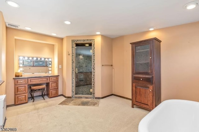 219 Elm Ct, Scotch Plains Twp, NJ 07076 - bathroom with vanity, a soaking tub, recessed lighting, a stall shower, and baseboards