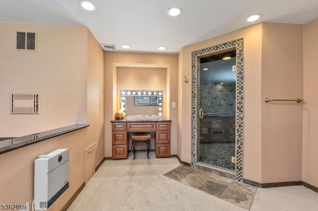 219 Elm Ct, Scotch Plains Twp, NJ 07076 - bathroom featuring a stall shower, vanity, recessed lighting, baseboards, and heating unit