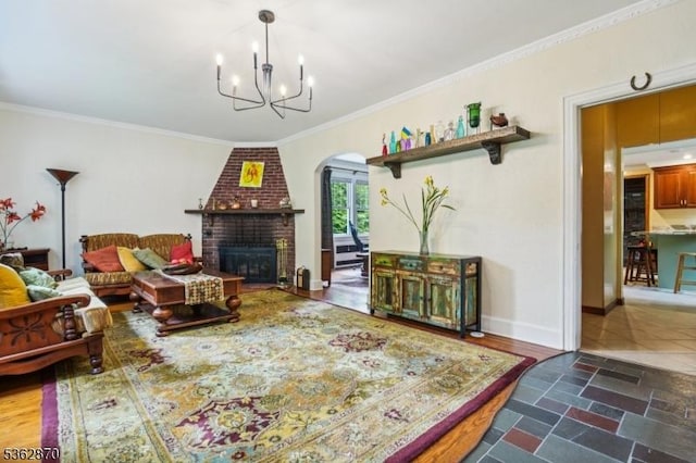261 Brooklake Rd, Florham Park Boro, NJ 07932 - living area with arched walkways, a fireplace, crown molding, a chandelier, and baseboards