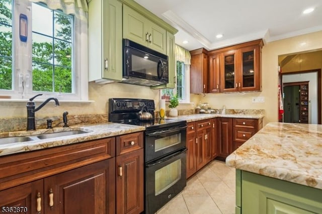 261 Brooklake Rd, Florham Park Boro, NJ 07932 - kitchen featuring black appliances, a sink, plenty of natural light, light stone counters, and crown molding