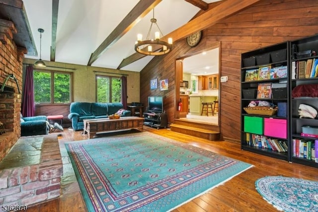 261 Brooklake Rd, Florham Park Boro, NJ 07932 - living room featuring wooden walls, a chandelier, and wood finished floors