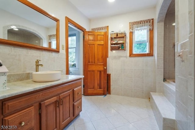 261 Brooklake Rd, Florham Park Boro, NJ 07932 - full bath with tile walls, vanity, tile patterned floors, a tub, and a tile shower