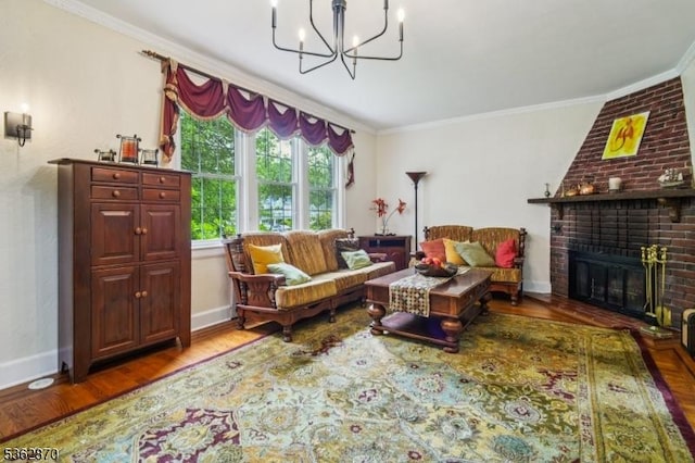261 Brooklake Rd, Florham Park Boro, NJ 07932 - living area featuring ornamental molding, a chandelier, wood finished floors, baseboards, and a brick fireplace