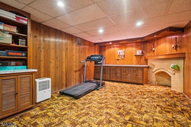 261 Brooklake Rd, Florham Park Boro, NJ 07932 - exercise area featuring wood walls, recessed lighting, carpet floors, and a drop ceiling