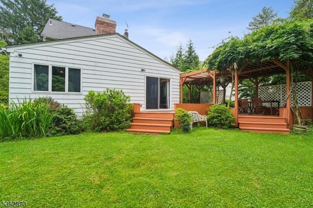 261 Brooklake Rd, Florham Park Boro, NJ 07932 - rear view of property featuring a deck, a chimney, a lawn, and a pergola
