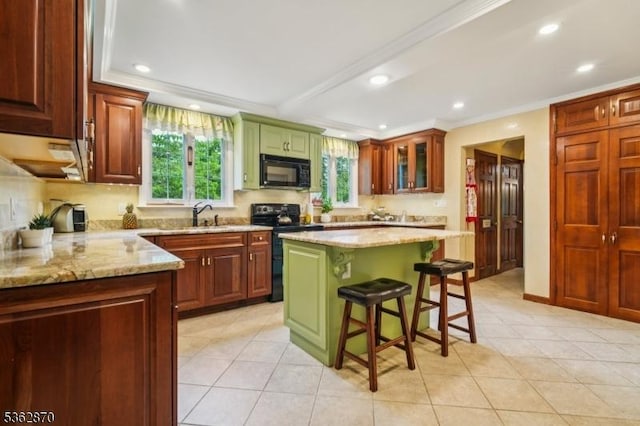 261 Brooklake Rd, Florham Park Boro, NJ 07932 - kitchen featuring electric range, black microwave, recessed lighting, a kitchen breakfast bar, and crown molding