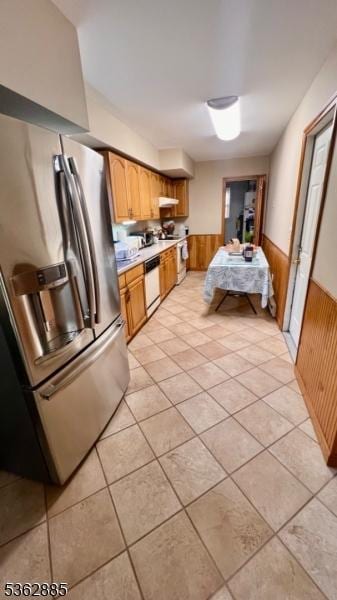89 Mackerley Rd, Green Twp, NJ 07860 - kitchen with stainless steel fridge with ice dispenser, a wainscoted wall, light countertops, wooden walls, and white dishwasher