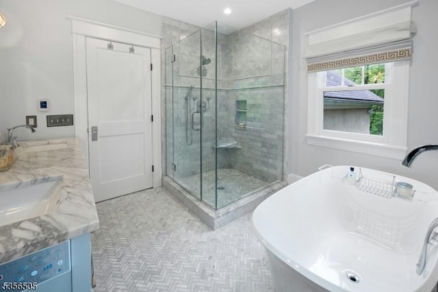 34 Crane Rd, Mountain Lakes Boro, NJ 07046 - bathroom featuring a shower stall, a freestanding bath, double vanity, and recessed lighting
