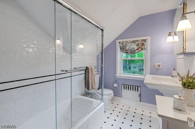 34 Crane Rd, Mountain Lakes Boro, NJ 07046 - full bathroom featuring radiator, lofted ceiling, toilet, bath / shower combo with glass door, and tile patterned floors