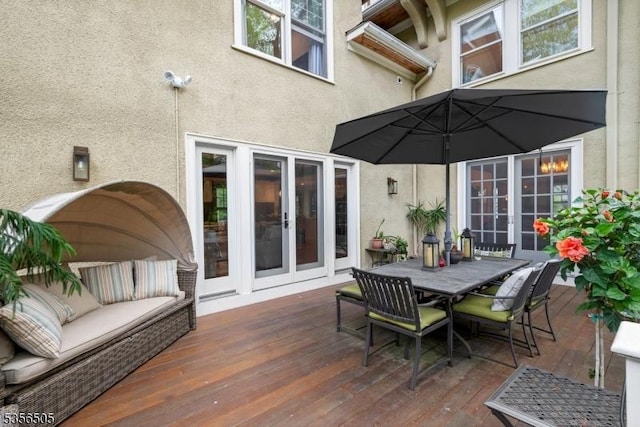 34 Crane Rd, Mountain Lakes Boro, NJ 07046 - wooden terrace featuring french doors, outdoor dining area, and outdoor lounge area