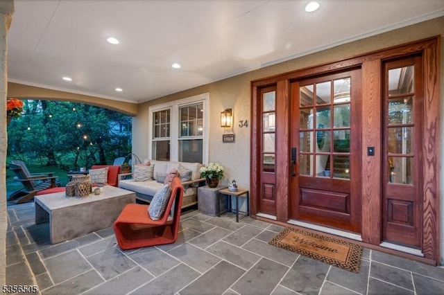 34 Crane Rd, Mountain Lakes Boro, NJ 07046 - doorway to property with an outdoor living space, stucco siding, and a patio