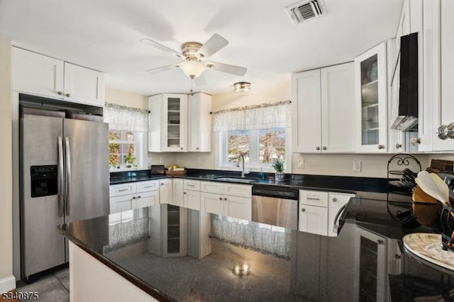 42 Stehr St, Frankford Twp, NJ 07826 - kitchen featuring stainless steel appliances, a sink, white cabinets, ceiling fan, and glass insert cabinets
