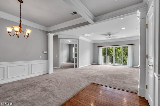 1206 Conrad Way, Franklin Twp, NJ 08873 - carpeted spare room with crown molding, a chandelier, a ceiling fan, recessed lighting, and hardwood / wood-style floors