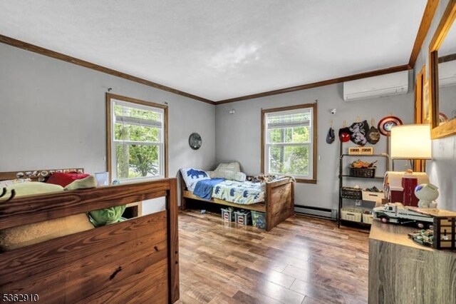 72 Quenby Mountain Rd, Liberty Twp, NJ 07838 - bedroom featuring an AC wall unit, ornamental molding, a baseboard radiator, and wood finished floors