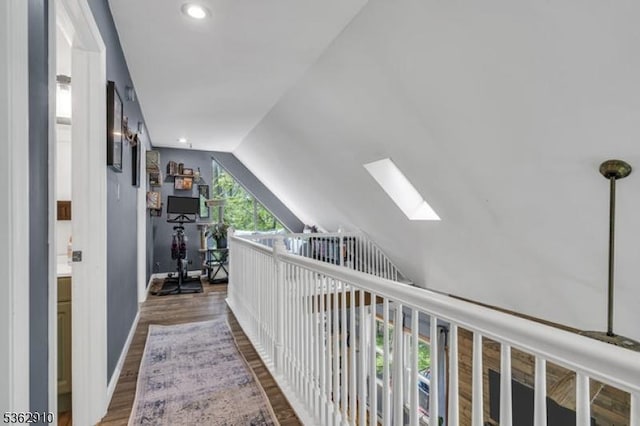 72 Quenby Mountain Rd, Liberty Twp, NJ 07838 - corridor featuring a skylight, lofted ceiling, wood finished floors, recessed lighting, and baseboards