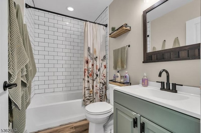 72 Quenby Mountain Rd, Liberty Twp, NJ 07838 - bathroom featuring vanity, shower / bath combo, toilet, wood finished floors, and recessed lighting