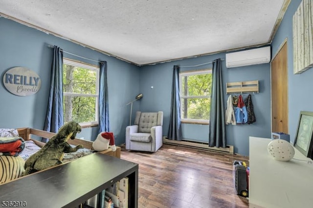 72 Quenby Mountain Rd, Liberty Twp, NJ 07838 - interior space featuring an AC wall unit, multiple windows, a textured ceiling, a baseboard radiator, and wood finished floors