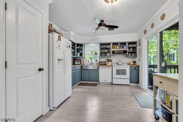 72 Quenby Mountain Rd, Liberty Twp, NJ 07838 - kitchen featuring white appliances, open shelves, a textured ceiling, ornamental molding, and ceiling fan