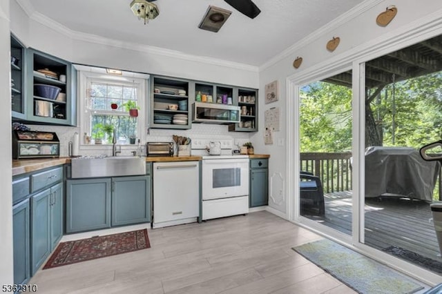 72 Quenby Mountain Rd, Liberty Twp, NJ 07838 - kitchen with white appliances, open shelves, ornamental molding, a sink, and backsplash