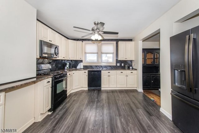 13 Franklin Pl, Wanaque Boro, NJ 07420 - kitchen featuring black appliances, dark wood-style floors, tasteful backsplash, and a ceiling fan