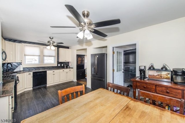 13 Franklin Pl, Wanaque Boro, NJ 07420 - kitchen featuring black appliances, dark wood-style flooring, a ceiling fan, and white cabinetry