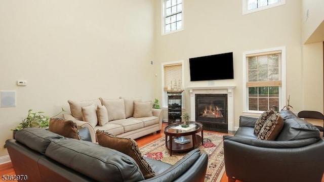 9 Independence Ct, Franklin Twp, NJ 08873 - living room with a towering ceiling, wood finished floors, and a glass covered fireplace
