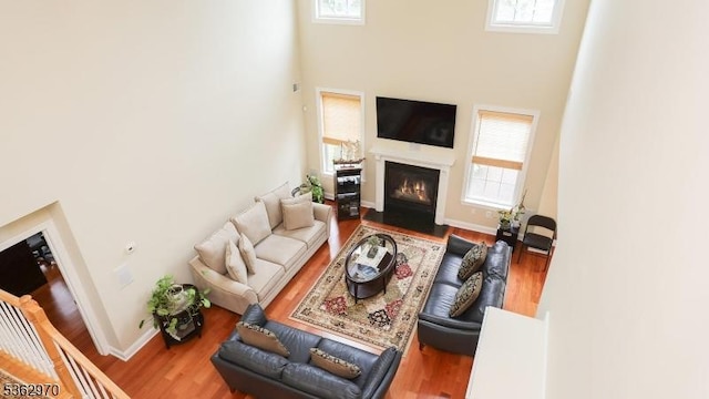 9 Independence Ct, Franklin Twp, NJ 08873 - living area with a towering ceiling, wood finished floors, and a fireplace with flush hearth