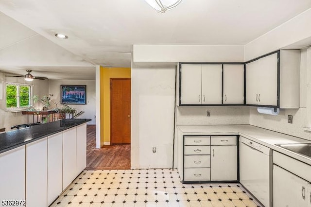 16 Sunset Trl, Rockaway Twp, NJ 07866 - kitchen featuring dishwasher, white cabinets, a ceiling fan, and light flooring