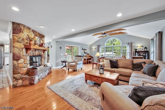 500 Charlestown Rd, Bethlehem Twp, NJ 08827 - living room with vaulted ceiling, a fireplace, light wood-style floors, ceiling fan, and recessed lighting