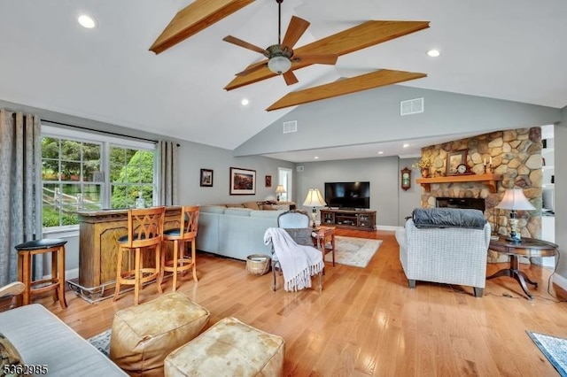 500 Charlestown Rd, Bethlehem Twp, NJ 08827 - living area featuring beam ceiling, ceiling fan, plenty of natural light, light wood-style flooring, and recessed lighting