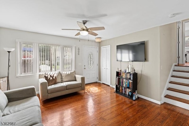 315 D St, Middlesex Boro, NJ 08846 - living room with a ceiling fan, wood finished floors, stairs, and baseboards