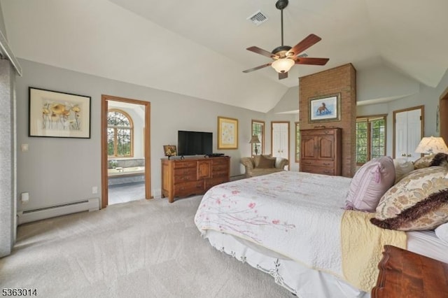 6 Summit Ter, Kinnelon Boro, NJ 07405 - carpeted bedroom featuring a baseboard radiator, vaulted ceiling, ensuite bath, and a ceiling fan