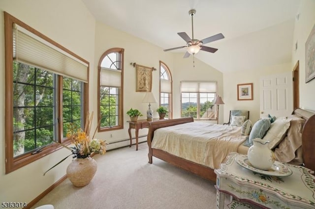 6 Summit Ter, Kinnelon Boro, NJ 07405 - carpeted bedroom with a baseboard heating unit, high vaulted ceiling, and ceiling fan