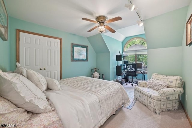6 Summit Ter, Kinnelon Boro, NJ 07405 - bedroom featuring a closet, light colored carpet, ceiling fan, and lofted ceiling