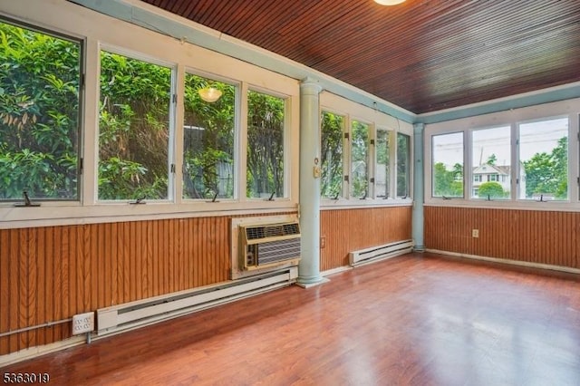 303 Tuttle Pkwy, Westfield Town, NJ 07090 - unfurnished sunroom with a baseboard heating unit, healthy amount of natural light, wood ceiling, wood walls, and an AC wall unit