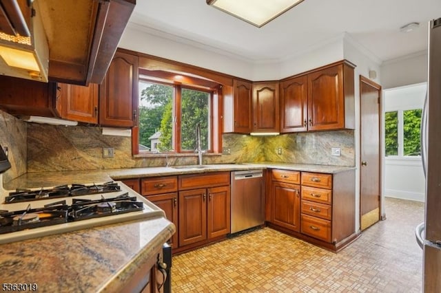 303 Tuttle Pkwy, Westfield Town, NJ 07090 - kitchen featuring dishwasher, light stone counters, backsplash, crown molding, and brown cabinets
