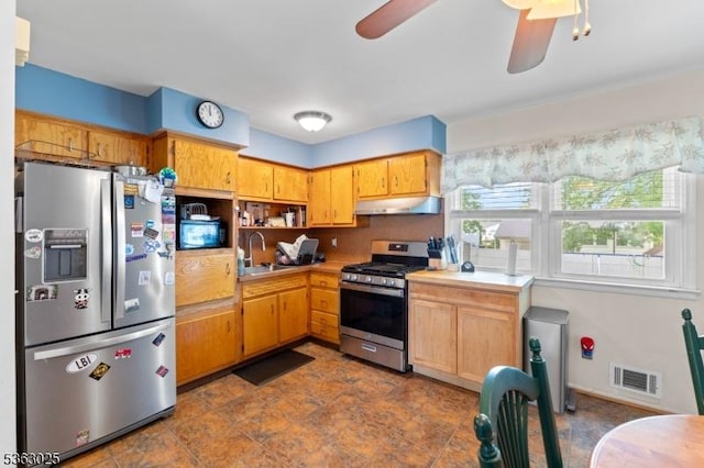 95 1st Ave, Woodbridge Twp, NJ 07064 - kitchen with appliances with stainless steel finishes, under cabinet range hood, a sink, a ceiling fan, and light countertops