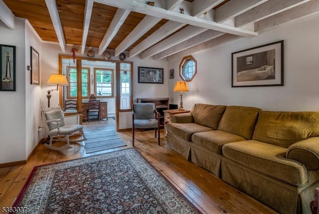 177 Schooleys Mountain Rd, Washington Twp, NJ 07853 - living room with hardwood / wood-style floors and a wooden ceiling with exposed beams