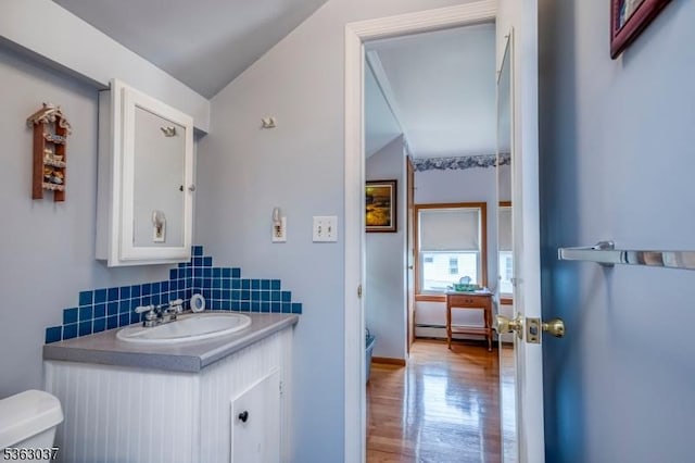 177 Schooleys Mountain Rd, Washington Twp, NJ 07853 - bathroom with vanity, wood finished floors, decorative backsplash, lofted ceiling, and a baseboard radiator