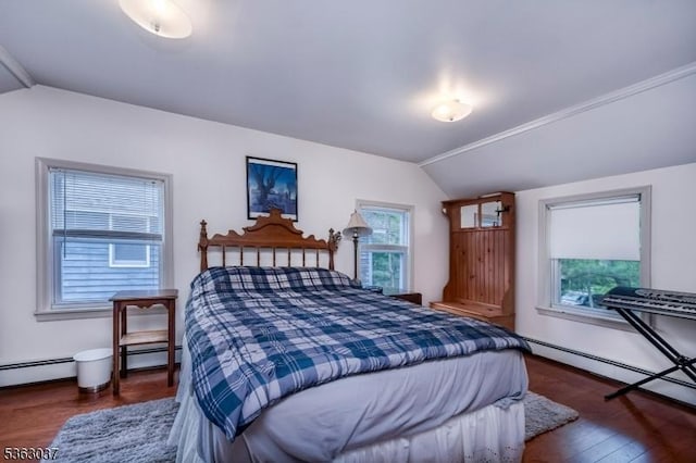 177 Schooleys Mountain Rd, Washington Twp, NJ 07853 - bedroom with vaulted ceiling, a baseboard radiator, and wood finished floors
