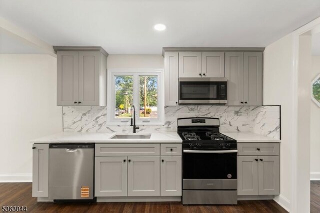 856 Maurice Ave, Rahway City, NJ 07065 - kitchen with stainless steel appliances, a sink, gray cabinetry, dark wood finished floors, and backsplash