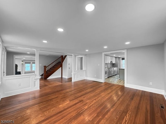 150 Mt Salem Rd, Wantage Twp, NJ 07461 - unfurnished living room with stairway, wood finished floors, recessed lighting, and baseboards