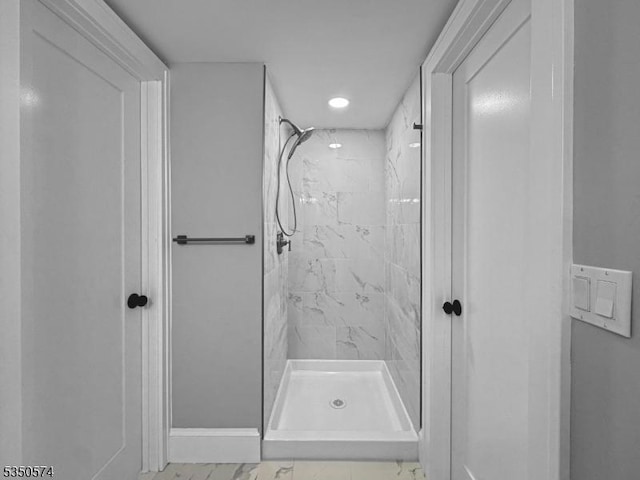 150 Mt Salem Rd, Wantage Twp, NJ 07461 - bathroom with a marble finish shower, marble look tile flooring, recessed lighting, and baseboards